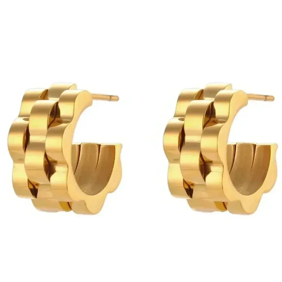 *NEW* 18K Gold Plated Stainless Steel  Watchband Semi-Hoop Earrings (GOLD) - Picture 5 of 7